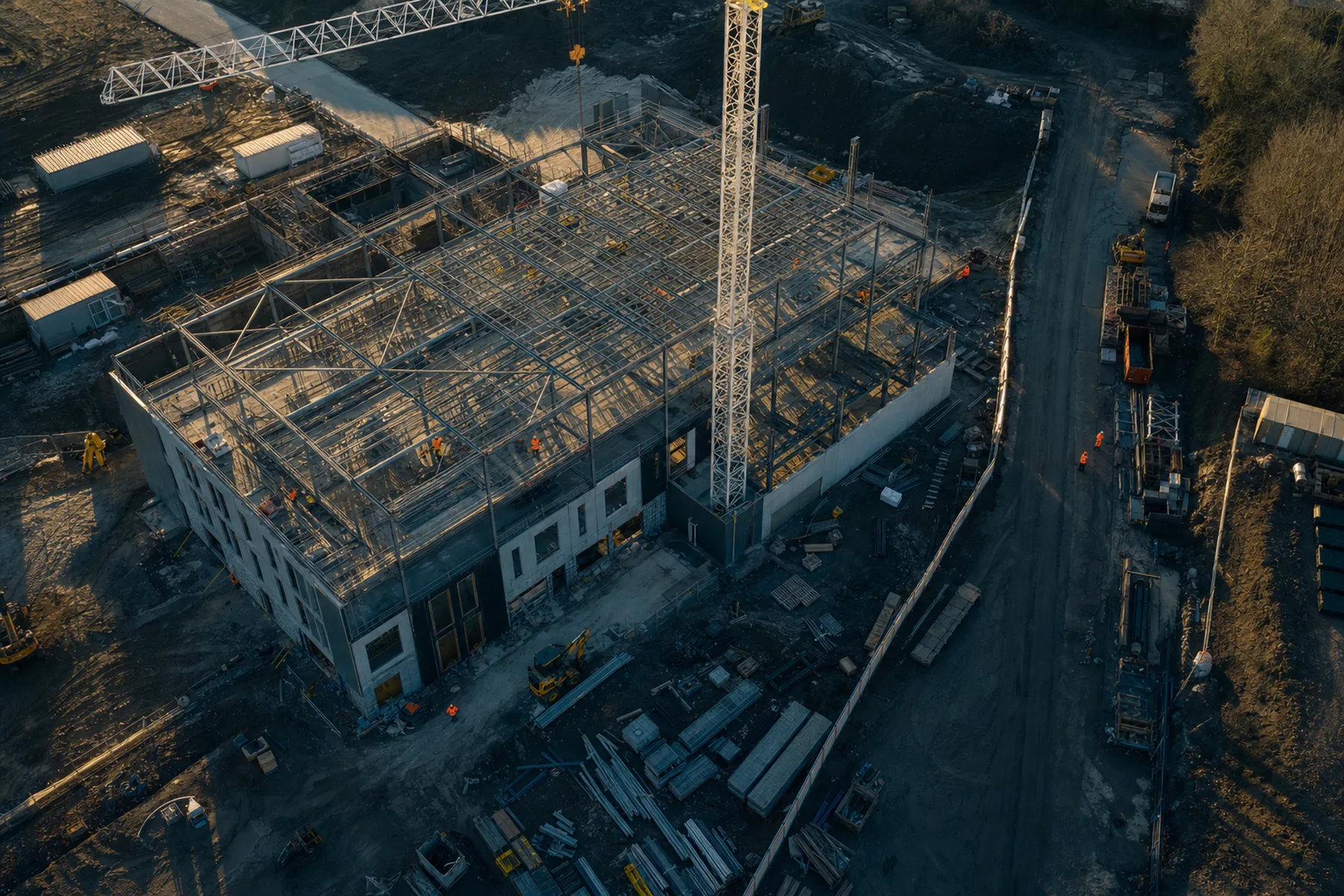 Aerial view of an active construction site at golden hour, steel frame and tower crane